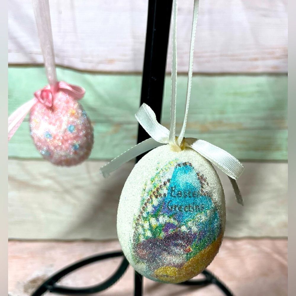 2 NEW Glittery Sugared Egg Ornaments Perfect for Easter Wreath Spring Tree NWOT